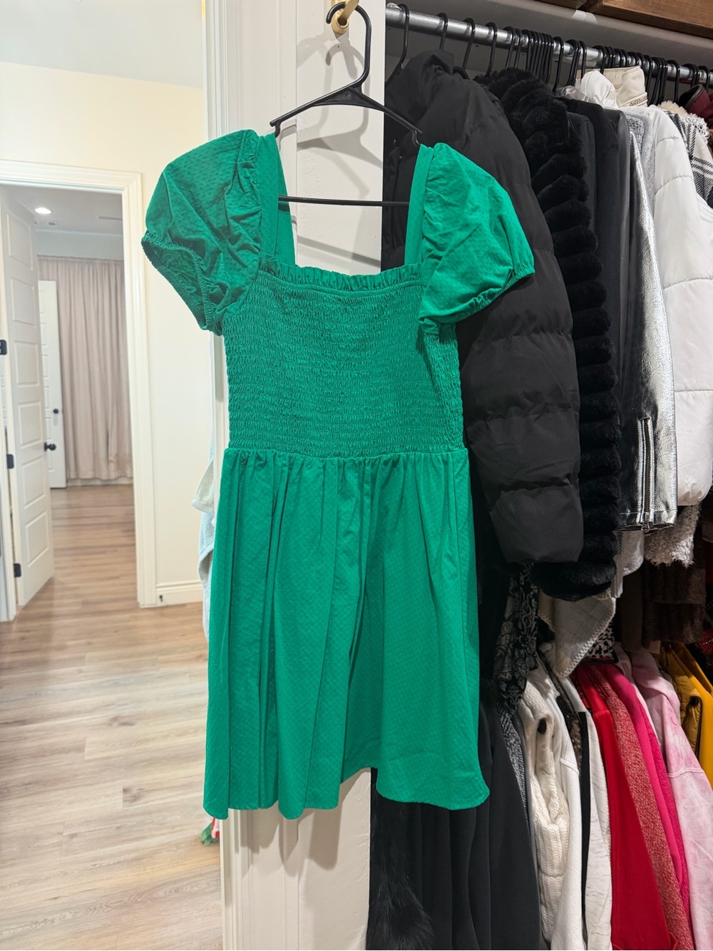 Copper Key Emerald Green Puff Sleeve Smocked Dress